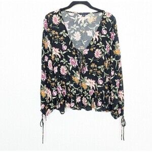 AMERICAN EAGLE Floral Top Womens Size S Black Long Sleeve Peplum Viscose Casual
